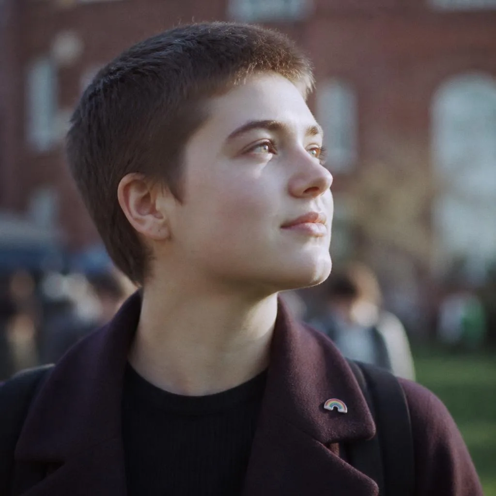 A college student with short hair and a small rainbow pin, looking up toward the light