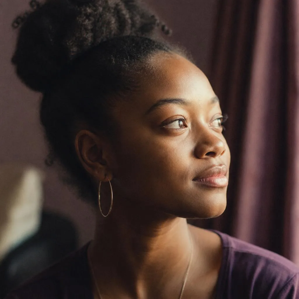 A young woman gazing toward warm window light with quiet hope