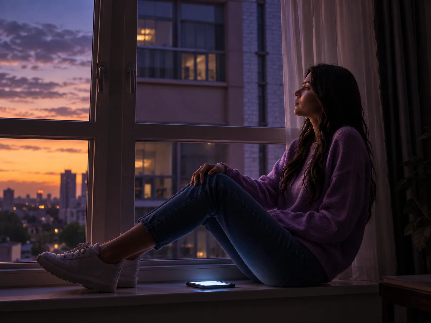 A young woman sits by an open window at dusk, looking outward with her phone resting beside her