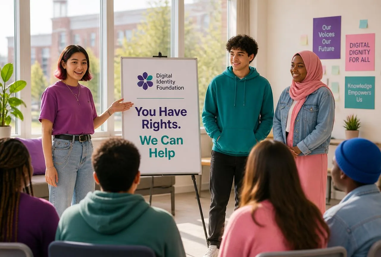 Three diverse college students presenting a Digital Identity Foundation workshop on campus with a sign that reads You Have Rights. We Can Help.